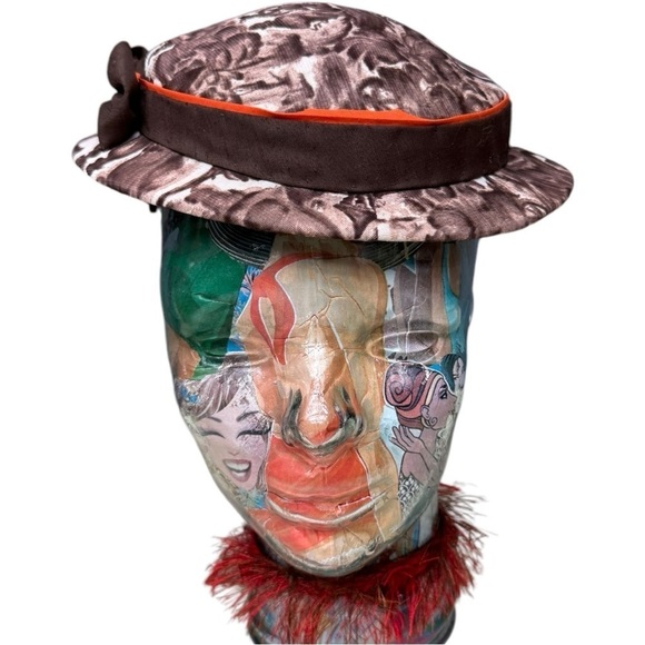 Vintage Cloche-Style Brown Printed Hat with Orange Ribbon and Bow, Medium Fit - Picture 1 of 10